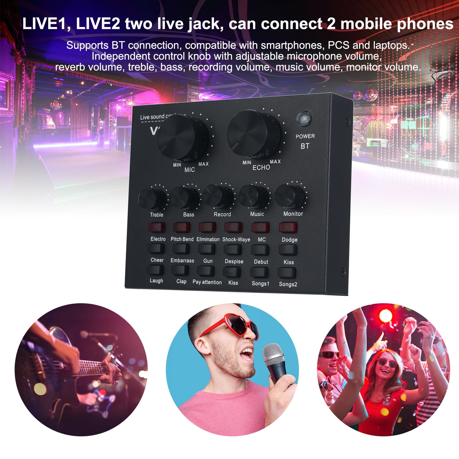 V8-Live Sound Card Audio Mixer USB External Sound Card Headset Microphone Live Sound Card Karaoke for Double Cell Phone Live Computer PC Live Recording Home KTV Voice Chat 