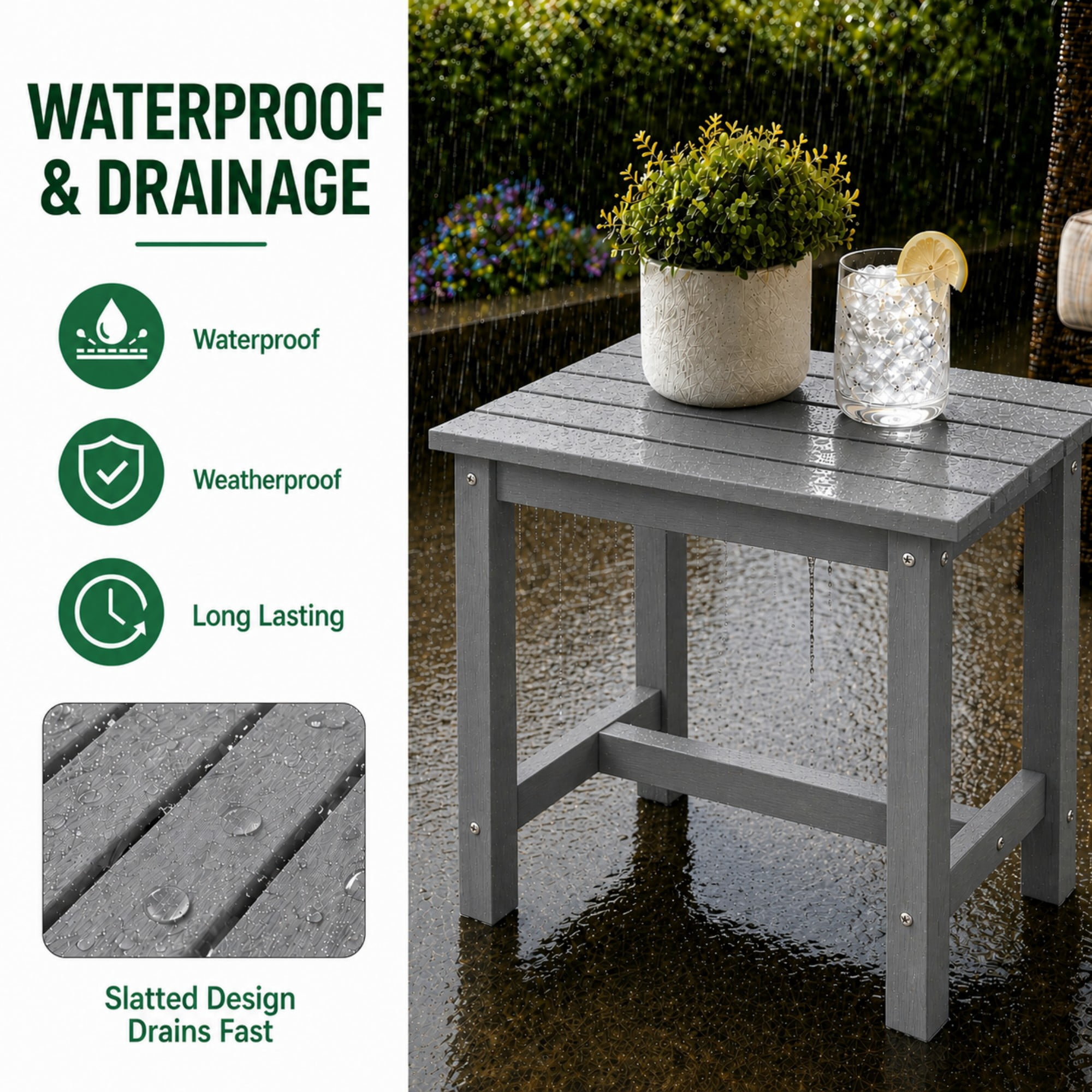 Y&M Outdoor Side Table, HDPE Patio End Table for Adirondack Chair, Weather Resistant Small Accent Table, Gray, Single Layer