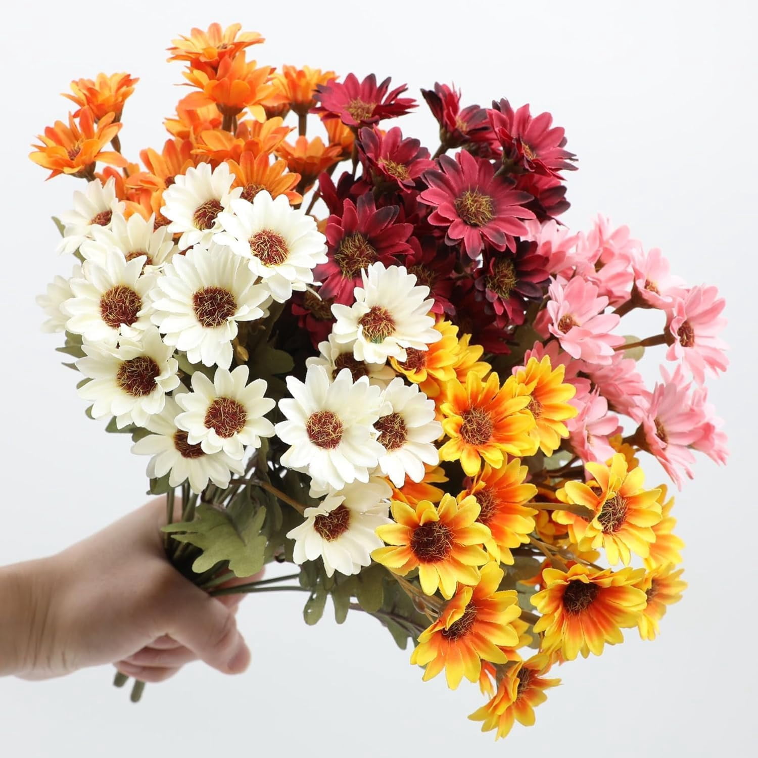 Funsdecor Mums, Artificial Sunset Mums, Artificial Outdoor Sunset Mums Flowers - UV Resistant, Waterproof, Windproof, Fall Flower Daisy With Eucalyptus, Look Real, Full, Vibrant (5 Bundle Gold)