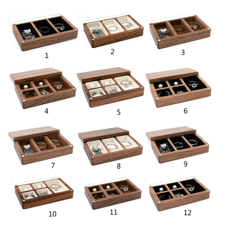 GENEMA Wooden Jewelry Box Ring Necklace Earring Organizer Box Walnut Solid  Wood Small Jewelry Storage Box Case for Ring Earring 