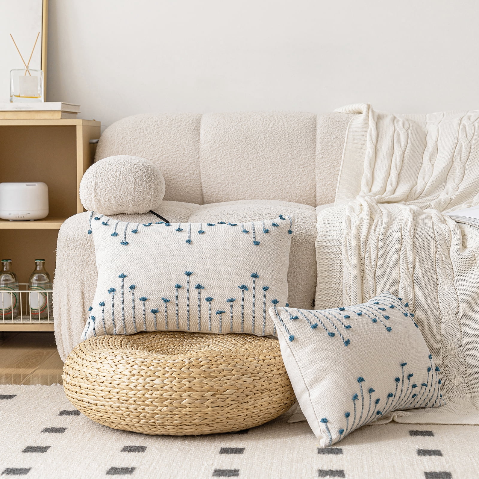 Skodaer Boho Decorative Throw Pillow Covers Beige and Blue Striped Pillow Case,12x20,2 Count
