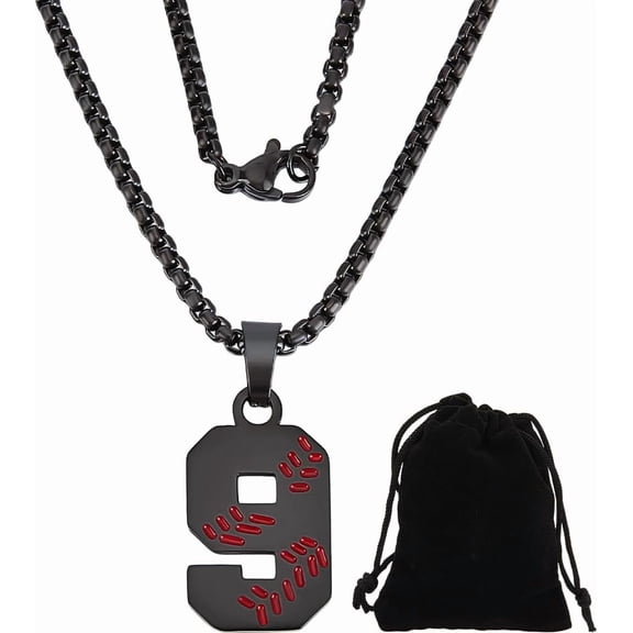 1 Box Baseball Necklace 667 Stainless Steel Black Chain Necklaces Baseball Number 9 Pendant Necklaces with Velvet Pouches for DIY Men Women Sport Jewelry Gift 23.43 Inch