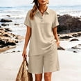 thumbnail image 4 of Mifsaly 2 Piece Short Sets for Women Summer Cotton Linen Short Sleeve V Neck Collared Shirts and Elastic Waist Shorts with Pockets Beige,S, 4 of 8