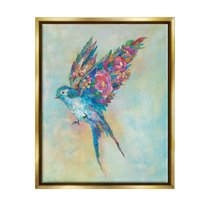 Stupell Industries Botanical Swallow Floral Blossom Wings Bird Painting Painting Metallic Gold Floating Framed Canvas Print Wall Art, Design by Lisa Morales