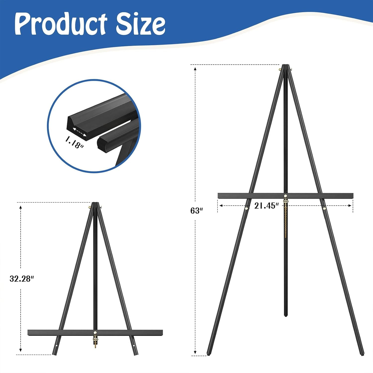 Wooden Art Easel Stand - 63" Portable Tripod Wood Artist Easel - Adjustable Floor Poster Stand for Painting, Display Show, Wedding - Black