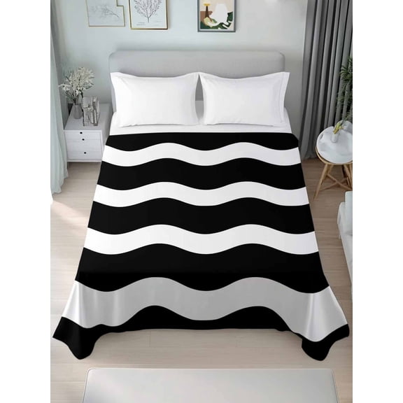 Black Ripple Full Size Flat Sheet, Wrinkleproof & Fadeproof Cooling Flat Bed Sheet Only, Simple Black White Waves Aesthetics Breathable Soft Bedding Top Sheets 81 x 96 Inches