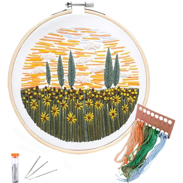 Full Set of Hand-Made Embroidery Starter Kit, Plant Cross Stitch Kits for Beginners Including Patterned Embroidery Cloth,Sun Flower Embroidery with Bamboo Hoop,Color Floss,Tools Kit