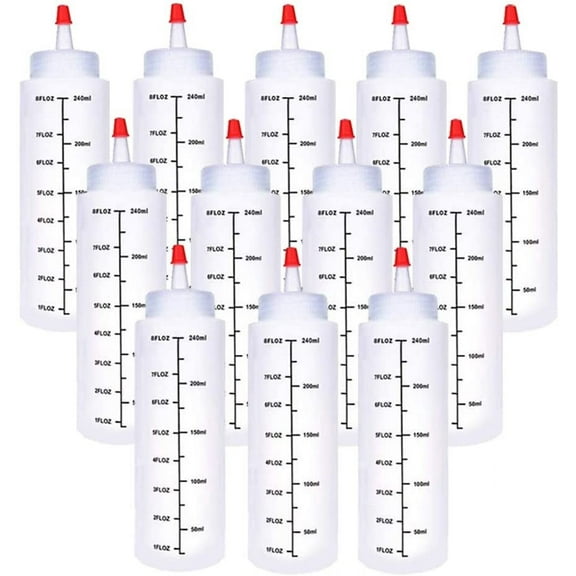12 Pack 8 oz/240 ml Plastic Squeeze Bottles, Scale Squirt Bottle with Red Tip Cap and Black Scale for Ketchup, Sauces, Syrup, Dressings, BBQ, Crafts and More