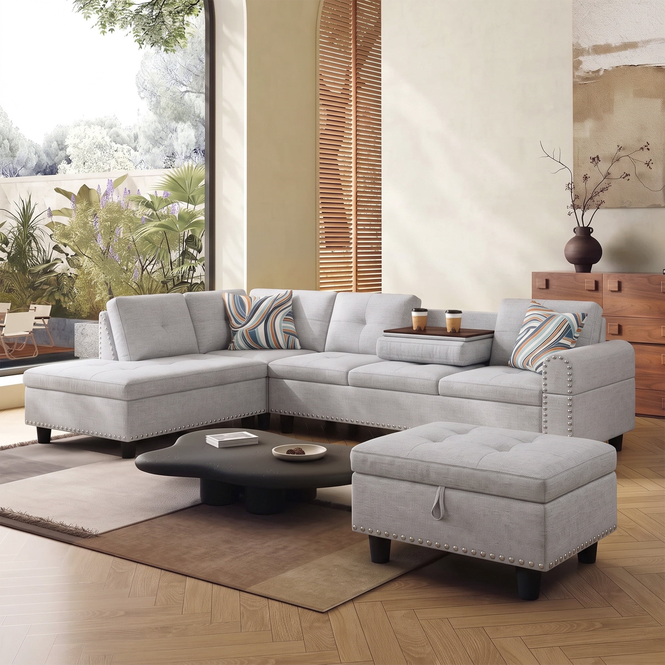 AENKYO 98" L-Shaped Sectional Sofa with Reversible Chaise, Storage Ottoman & Cup Holders, Flannel, Light Gray