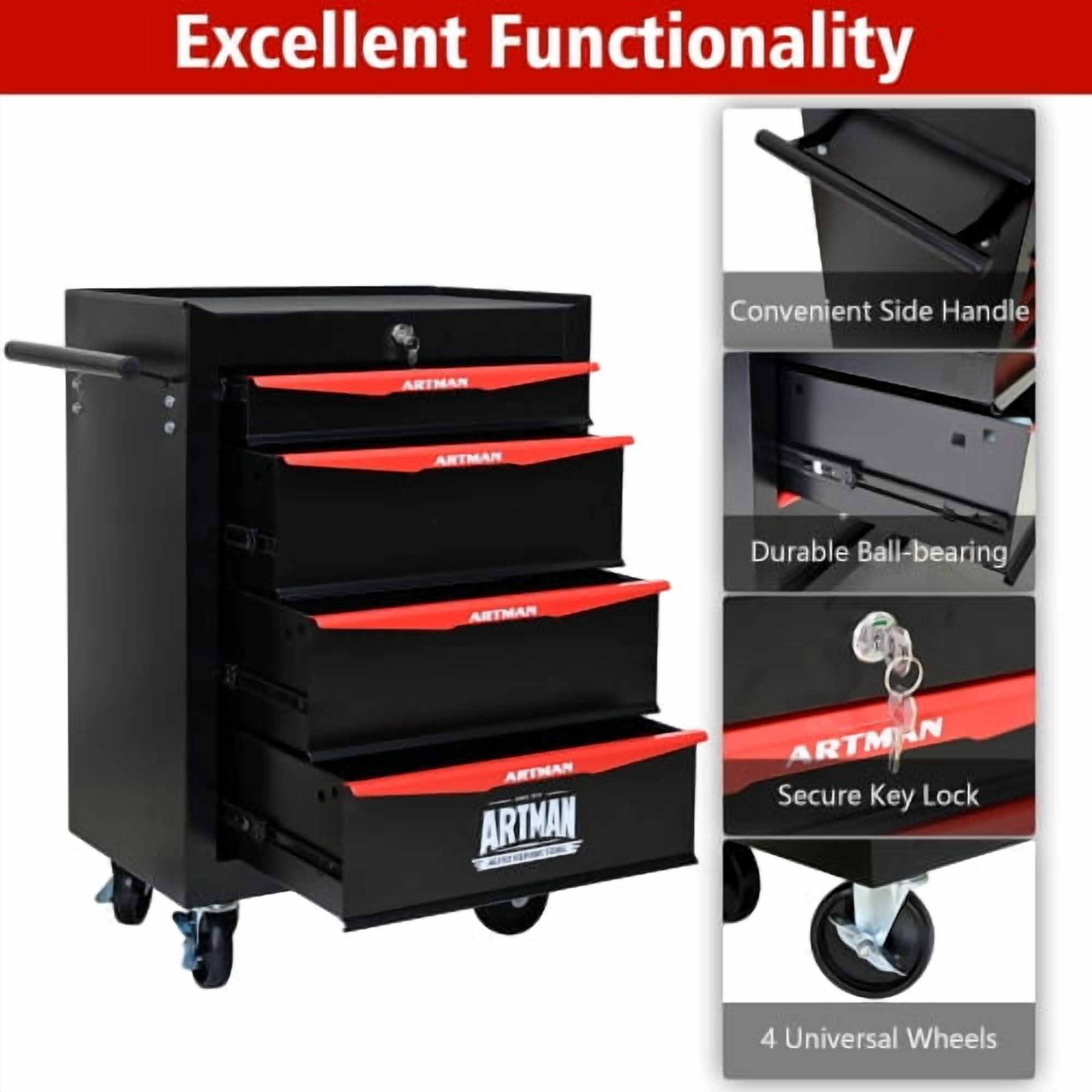 POVANLI 4 Drawer Portable Tool Box With Wheels,20" Tool Chest With Key Locking Tool Boxes/Organizers Black&Red