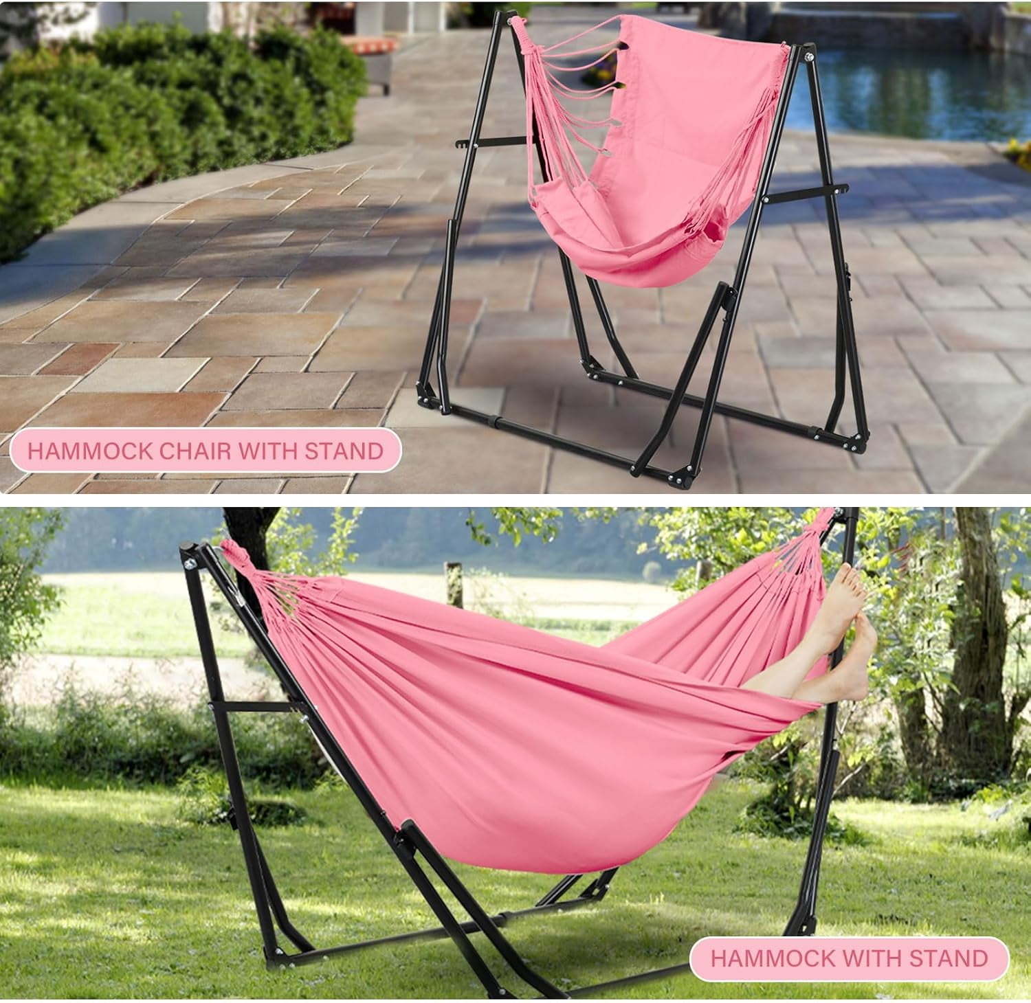 2 in 1 Hammock with Stand, Outdoor Hammock Swing Chair with Portable Heavy Duty Stand, Multi-Functional Hammock Stand 480 lbs Weight Capacit-Pink
