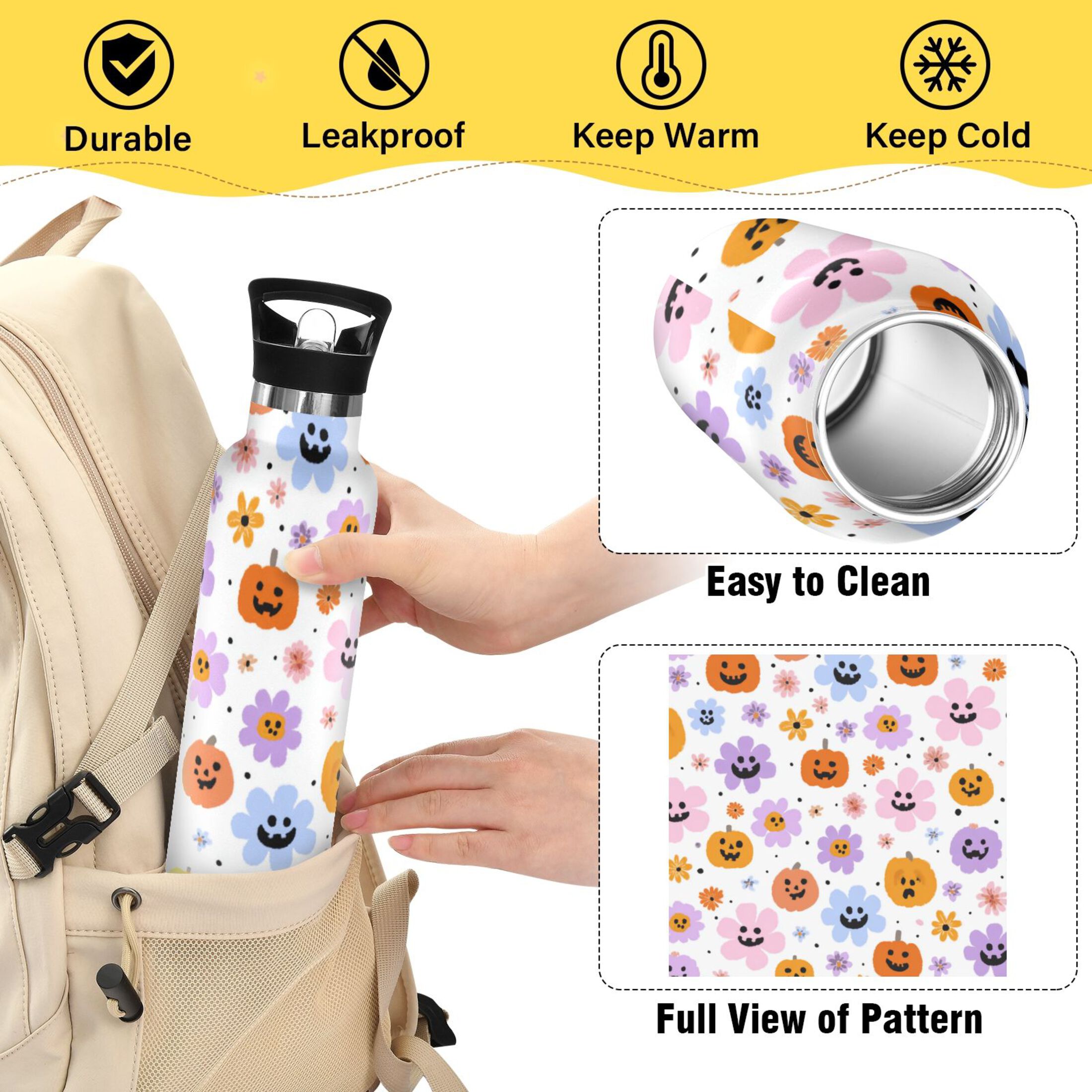 Kids Insulated Stainless Steel Sports Water Bottle 600ml (20oz) Flowers and Smiling Pumpkins