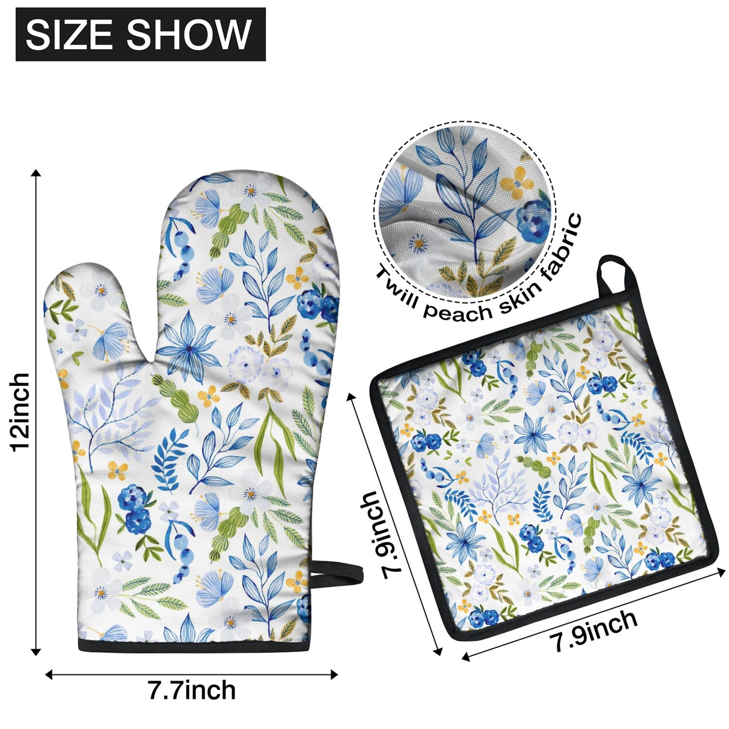 Floral Pattern Oven Mitts and Pot Holders Set Of 4, Heat Resistant Kitchen Gloves with Non-Slip Grip, Hanging Loop, Soft Cotton Lining for Baking, Cooking, Grilling, Barbecue