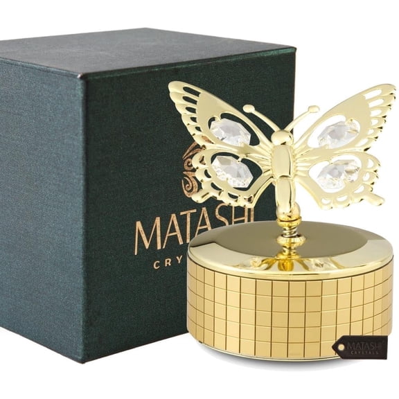 Matashi 24K Gold Plated Crystal Butterfly Music Box – Decorative Tabletop Figurine
