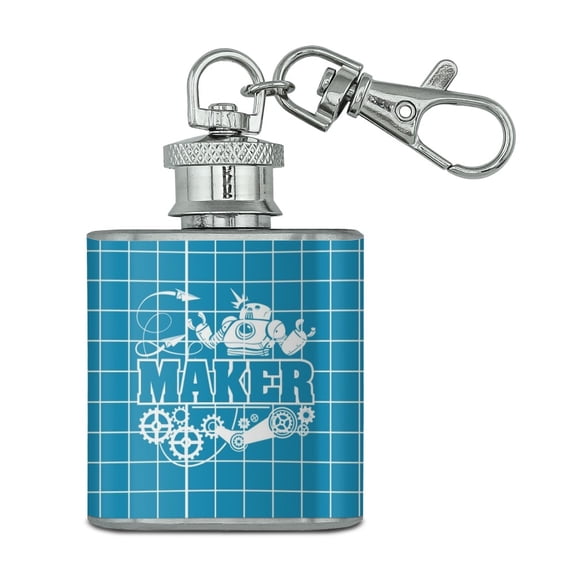 Maker Blueprint Design with Robot and Gears Stainless Steel 1oz Mini Flask Key Chain