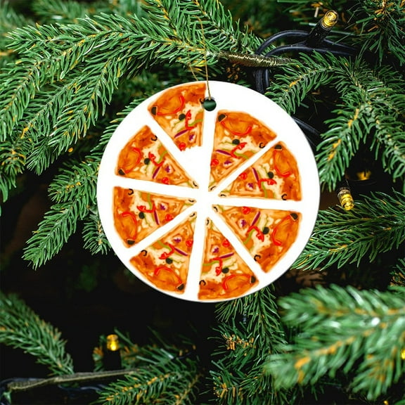 Funny Food Pizza Realistic Print Christmas Ceramic Ornament Italian Food 3" Circle Ceramic Ornament Xmas Holiday Keepsake Christmas Tree Decoration Xmas Gift
