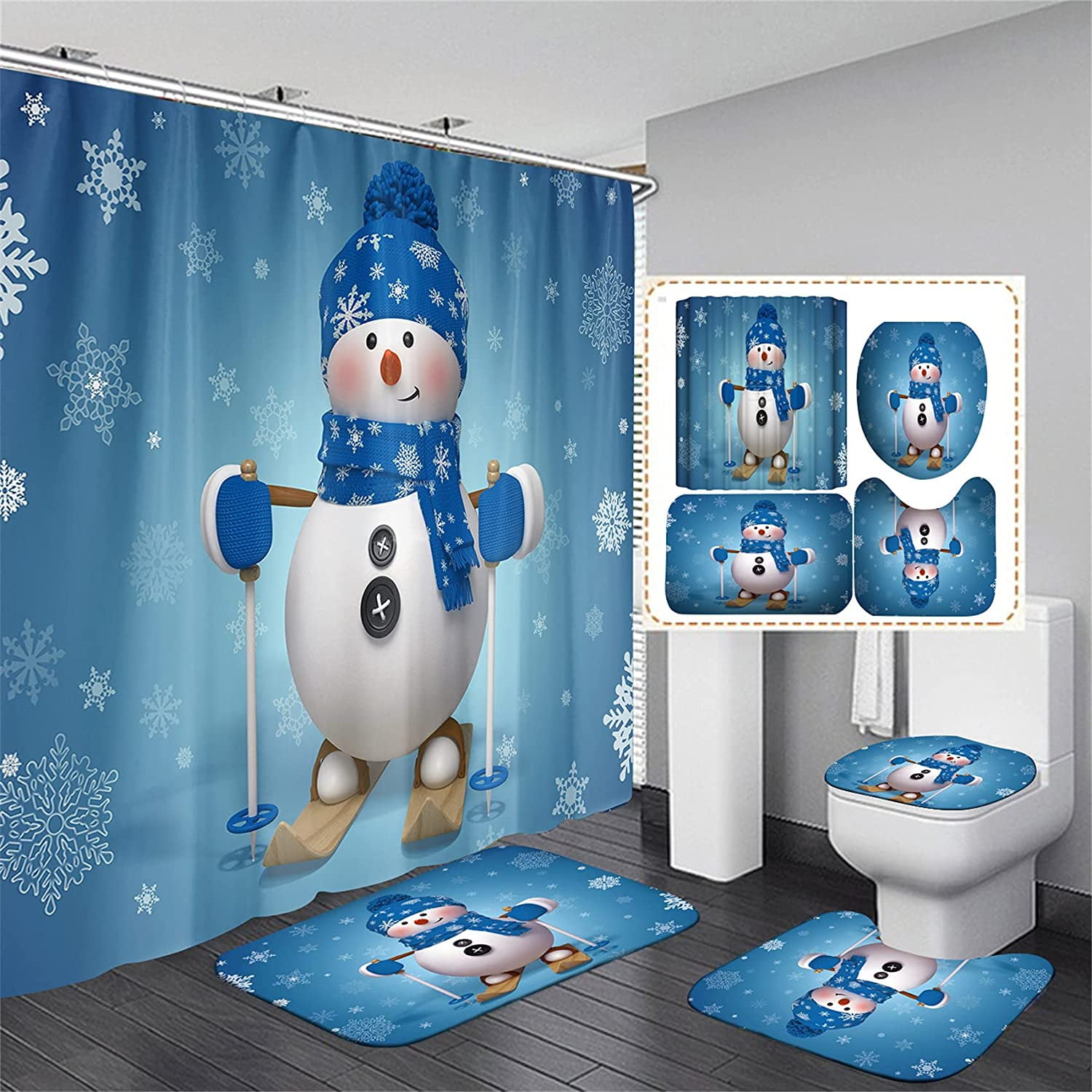 Snowman Bathroom Rugs Set Shower Curtain Non-Slip Toilet Lid Cover Bath Mat Gift 
