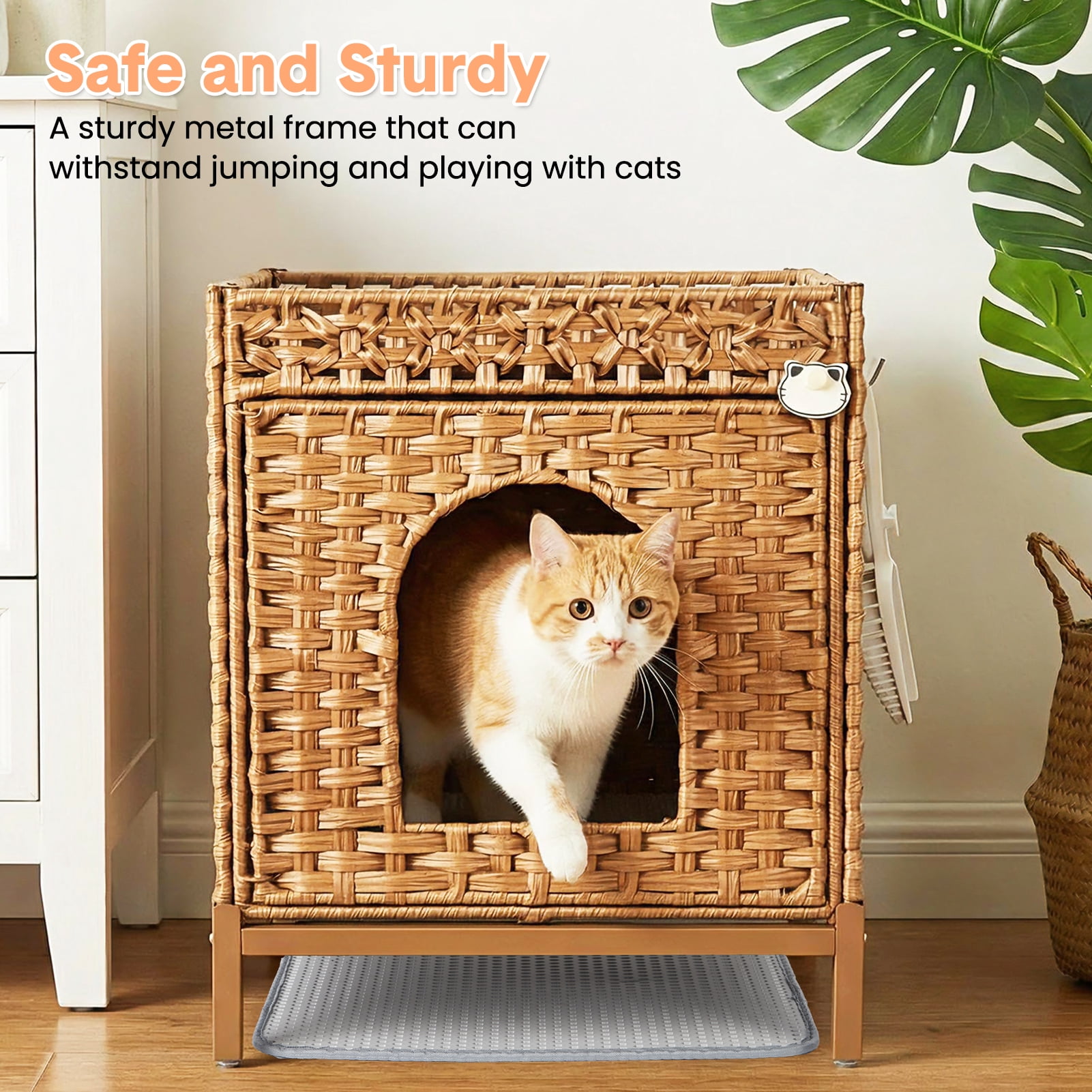 Hidden Cat Litter Box Furniture with Rattan Handwoven Design, Elevated Metal Feet, Enclosed Cat House for Bedroom and Living Room
