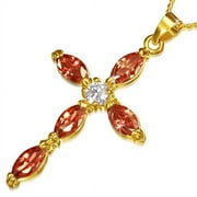 Fashion Alloy Yellow Gold-Tone Religious Cross Red CZ Pendant Necklace
