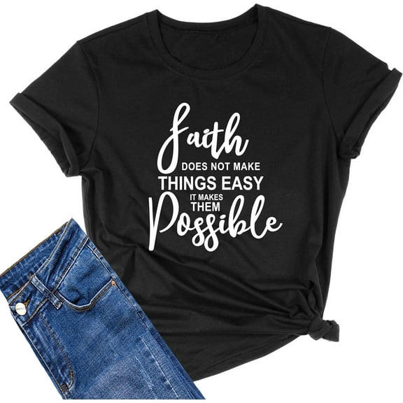 Women's O Neck Faith Letter Print T-Shirts Short Sleeve Graphic Tees Tops