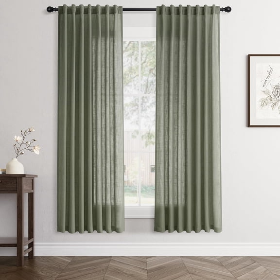 2-Panel Olive Green Linen Curtains, 70 Inches Long, Semi-Sheer Light Filtering, Rod Pocket & Back Tab, Modern Farmhouse Style