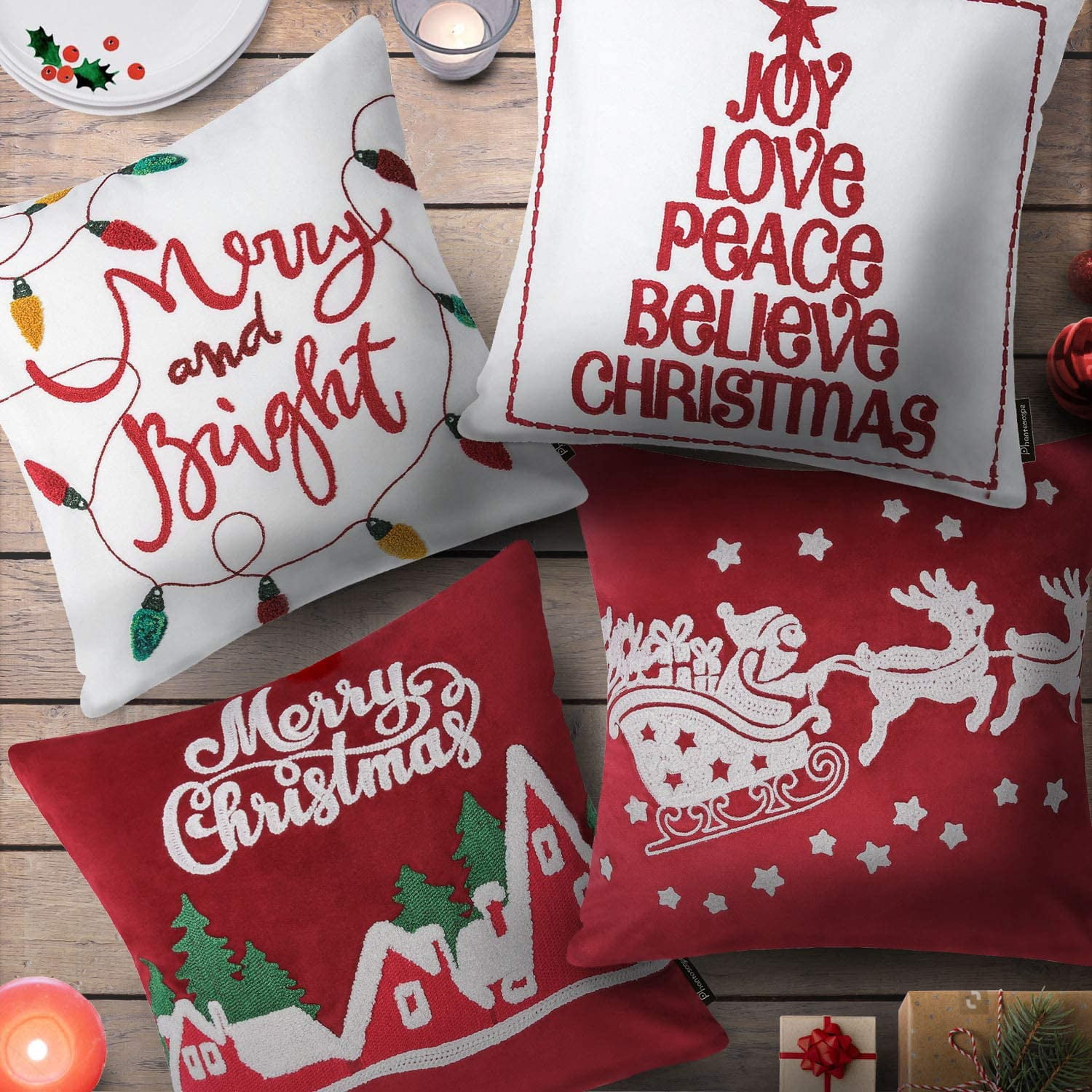 Phantoscope Christmas Holiday Series Velvet and Canvas Embroidered Letters Decorative Throw Pillow Cover ,Reindeer Sledge,18" x 18", Set of 4