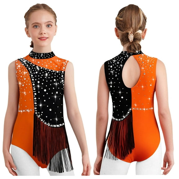 Nyeemya Children Girls Latin Dance Dress Color Block Tassel Fringed Leotard Figure Skating Bodysuit Orange 16