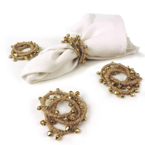 With Bells On Jute Napkin RingSet of 4Color: Natural Gold