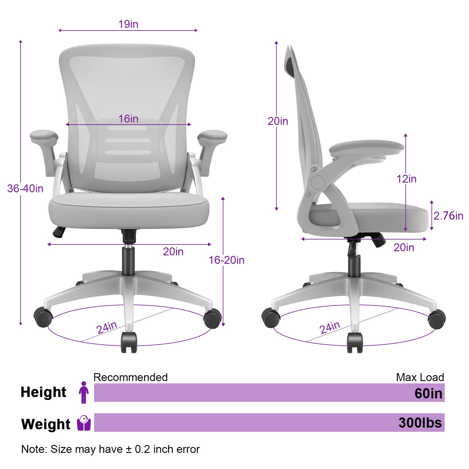 Biggzia Ergonomic Office Chair, Mid-Back Computer Chair with Adjustable Height, Flip-Up Arms and Lumbar Support, Mesh Desk Chair, Gray