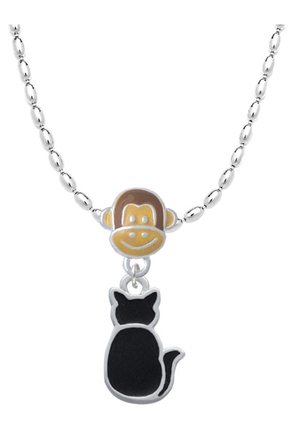 Silvertone Large 2-D Black Cat Back Mia Monkey Charm Necklace