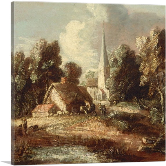 ARTCANVAS Landscape With Church Cottage Villagers Animals 1771 Canvas Art Print by Thomas Gainsborough - Size: 12" x 12" (1.50" Deep)