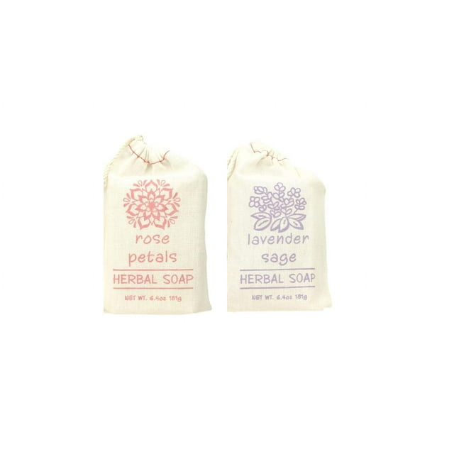 Greenwich Bay Trading Juego de 2 jabones de hierbas, lavanda, salvia y pétalos de rosa, barras de 6,4 onzas envueltas en sacos de tela con cordón, enriquecidas con manteca de karité, aceite de oliva v