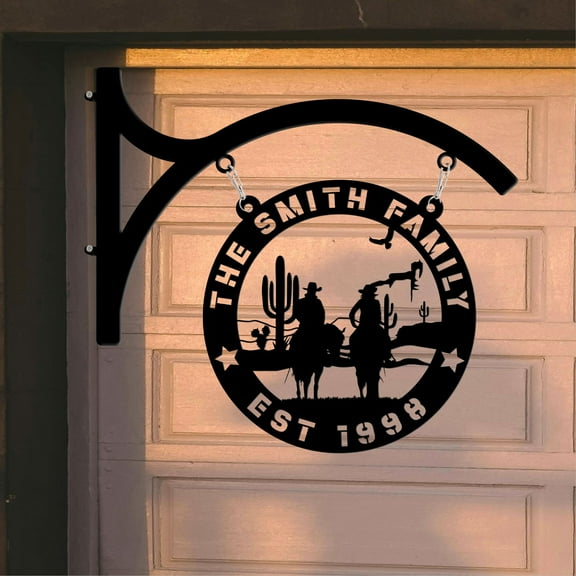 Craftnamesign Custom Cowboy Family Metal Hanging Sign, Cowboy Metal Outdoor Sign House Décor