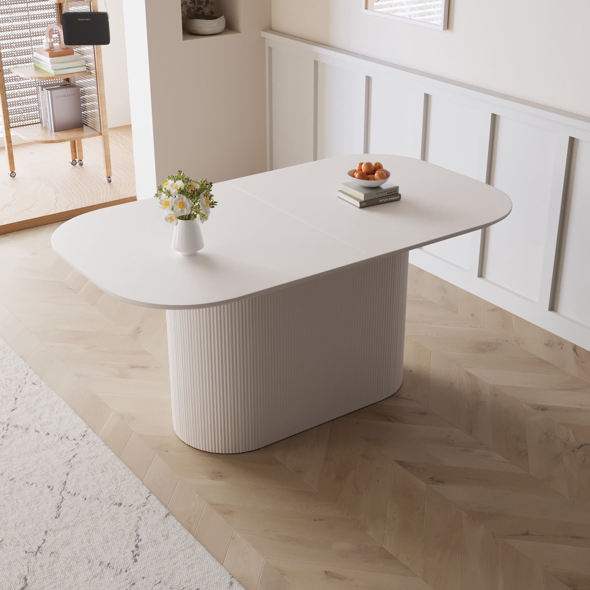 FFZ 63 inch Modern MDF Regular Edge Dining Table Vertical Striped Legs for 4-8 Person Cream Style