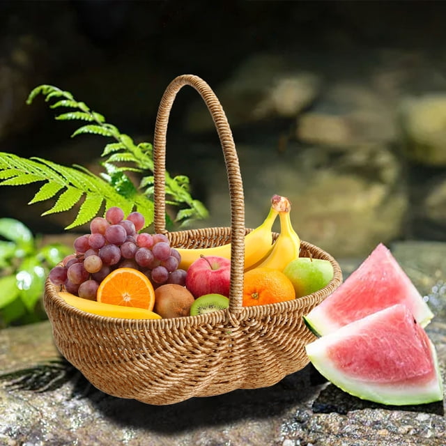 Woven Picnic Fruit Basket Rattan, Compact Portable with Handle, Multipurpose Storage Vegetables Sundries, Decorative Textured Workmanship, Shopping Camping Outdoor Home