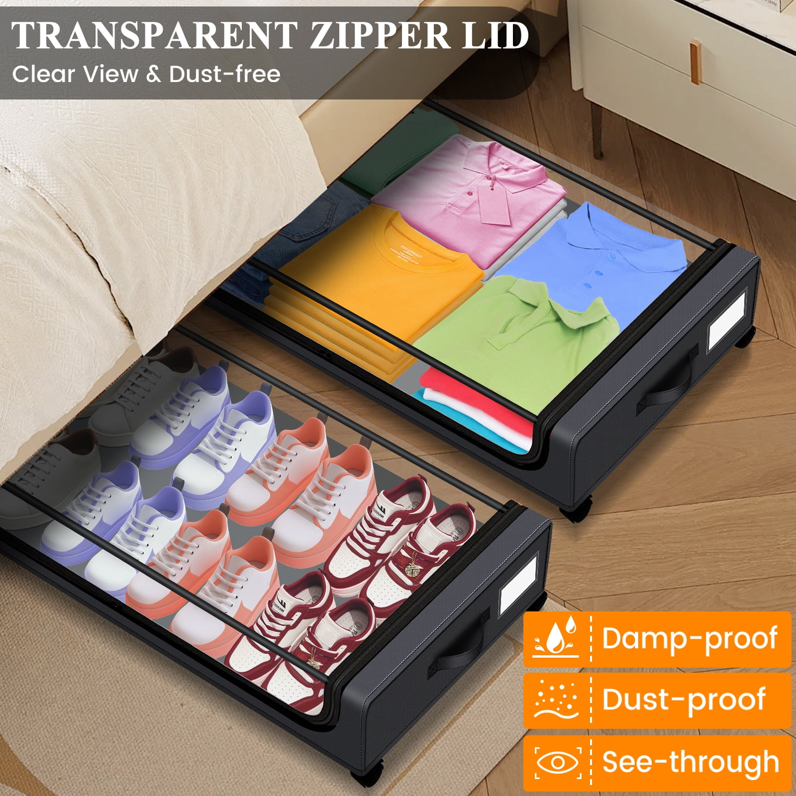 Under Bed Storage with Wheels, 2 Pack Under Bed Storage Containers with Clear Lids & Dividers, Underbed Storage Organizer & Underbed Storage with Wheels for Clothes, Blankets, Shoes