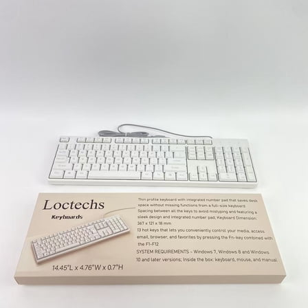 Loctechs Keyboards,Wired Quiet USB Keyboard - 14.45x4.76x0.70 Inches - Compact Design with Number Pad - White