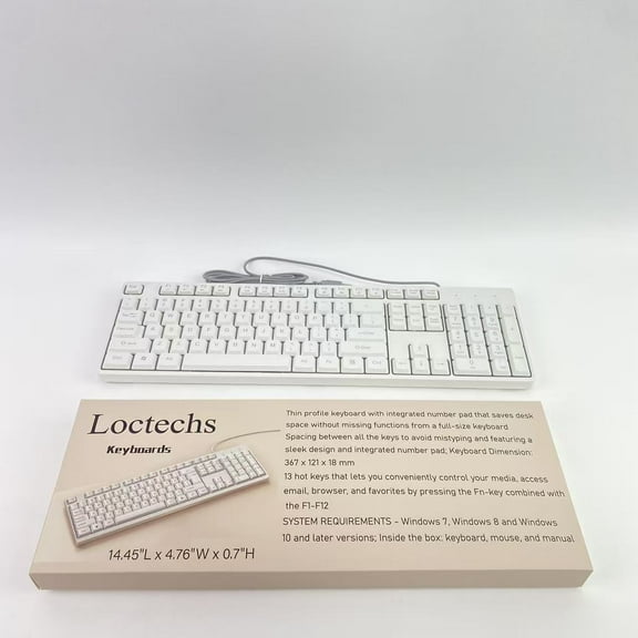 Loctechs Keyboards,Wired Quiet USB Keyboard - 14.45x4.76x0.70 Inches - Compact Design with Number Pad - White