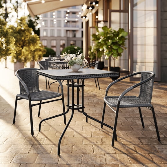 Flash Furniture 28'' Square Glass Metal Table with Gray Rattan Edging and 2 Gray Rattan Stack Chairs