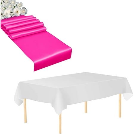 

Trimming Shop 3pcs Rectangle Satin Fuchsia Table Runner with 3pcs White Plastic Disposable Waterproof Tablecloths for Party Decoration - Set of 6