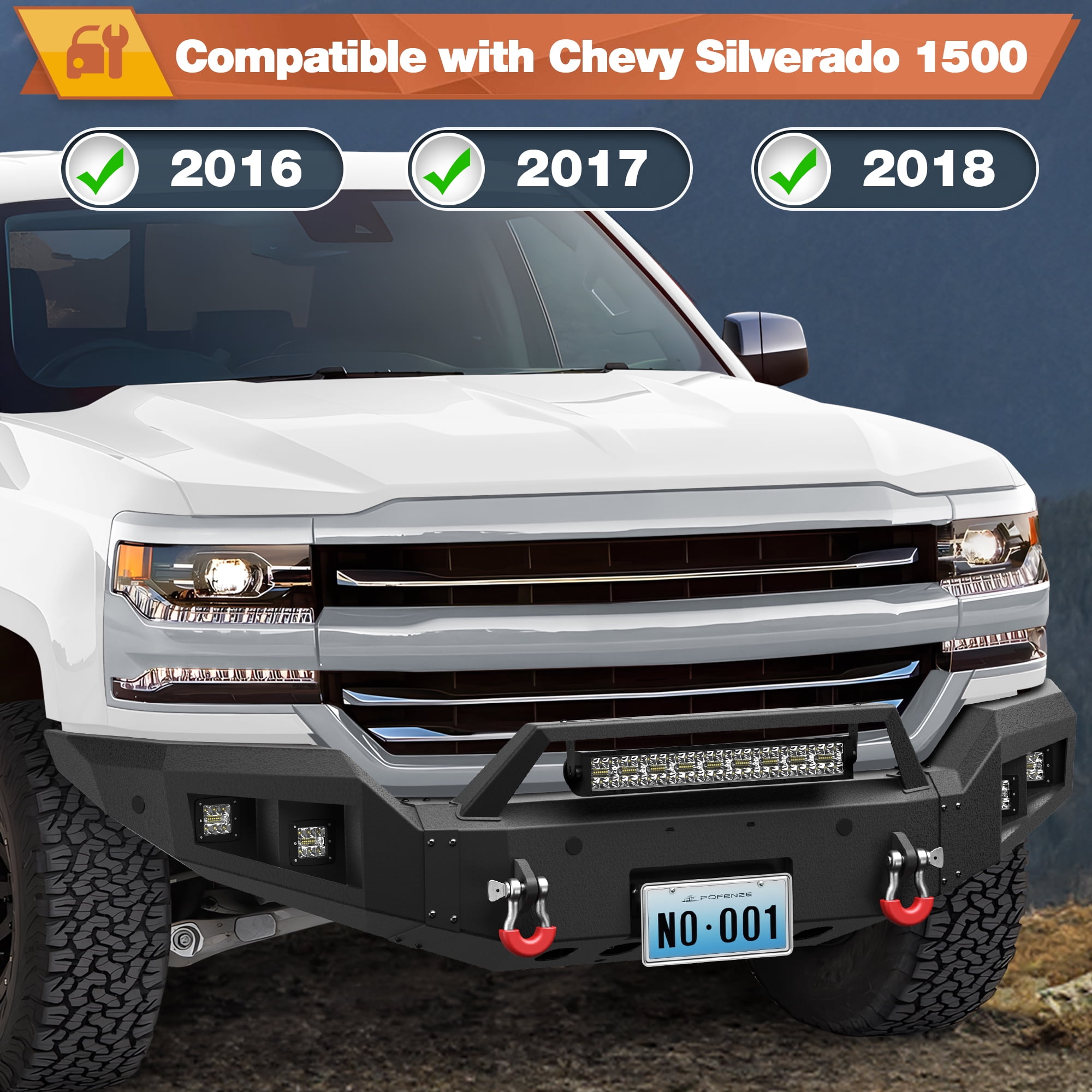 POFENZE Front Bumper Compatible with Chevrolet Silverado 1500 2016 2017 2018 Truck Bumper with Winch Plate