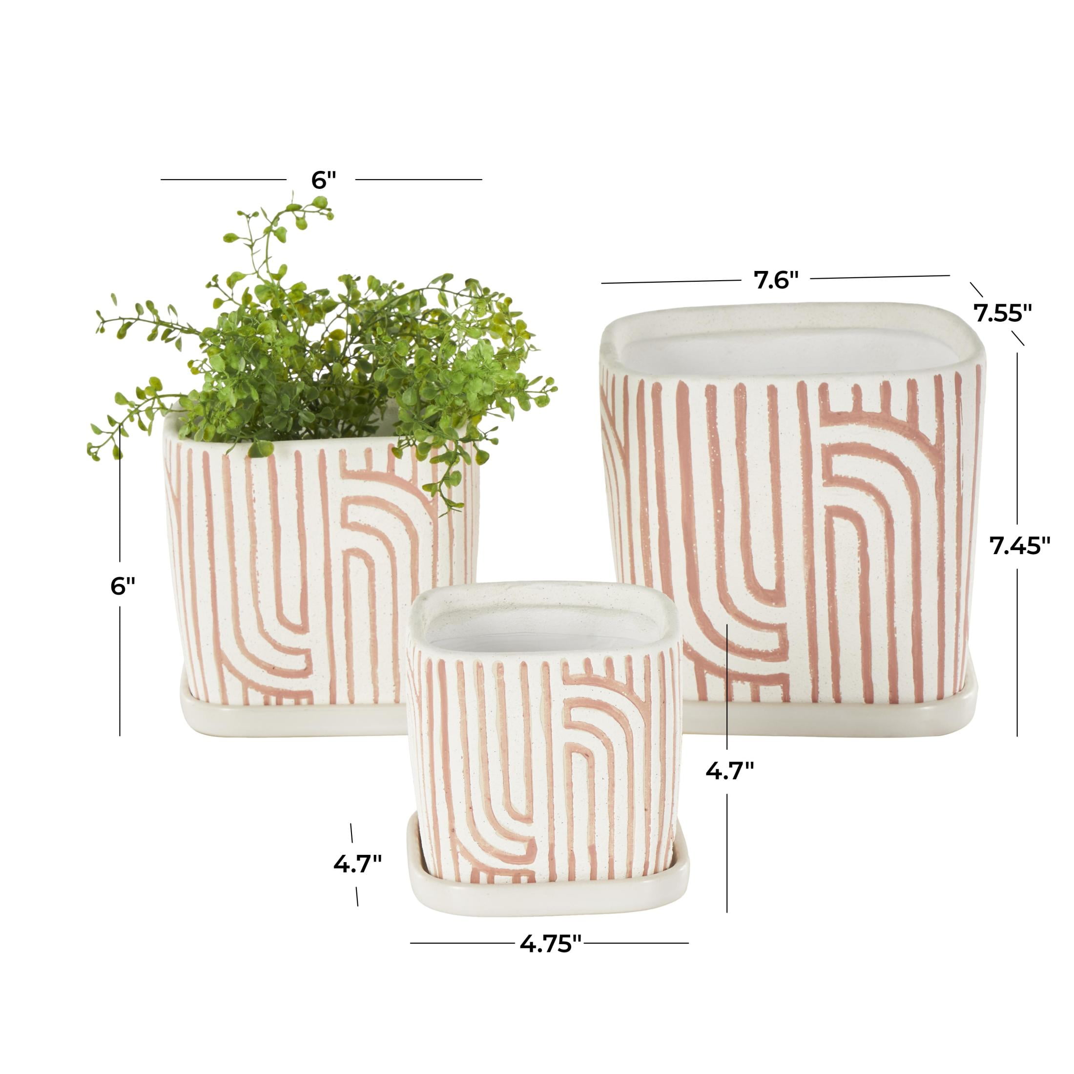 DecMode 7", 6", 5"H Arched Patterned Pink Ceramic Geometric Planter with Attached Saucer (3 Count)