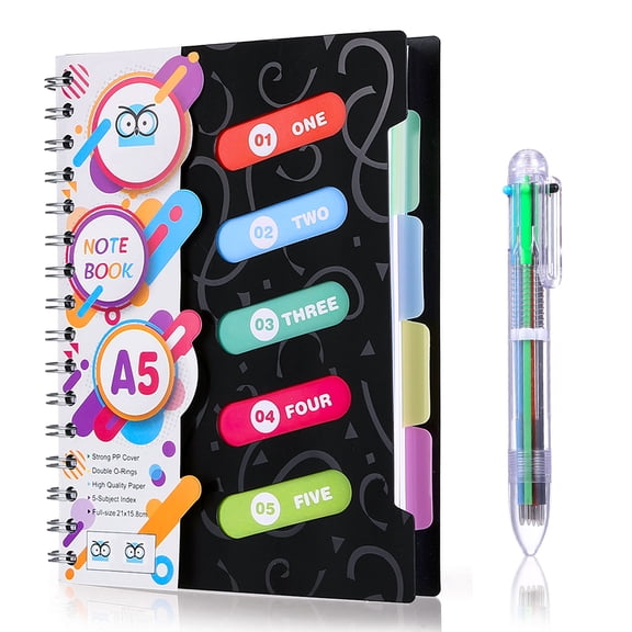 Naler Spiral Notebook, 5 Subject College Ruled A5 Notebook with 5 Colored Tabs and 6-in-1 Pen,Black