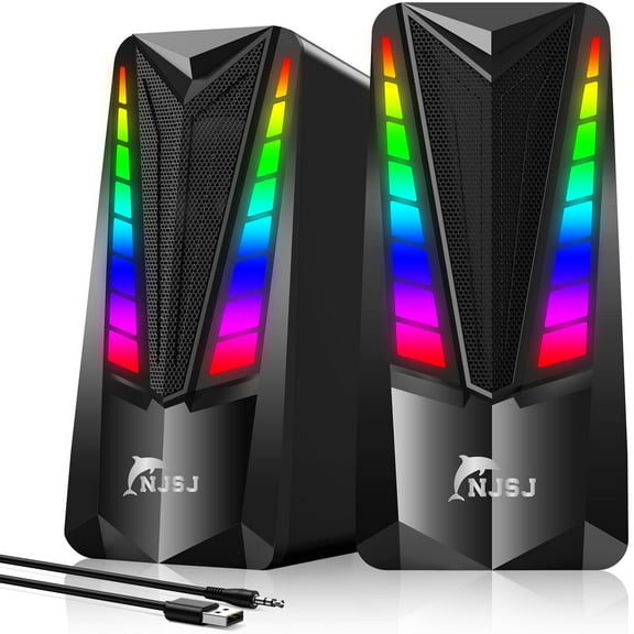 Computer Speakers, 10W PC Speakers with 7 Lighting Modes, Volume Control, USB Powered, 3.5mm Aux-in Stereo Multimedia Speakers for Laptops, Monitor, Projectors