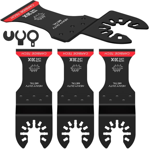 JTNero 4Pcs Carbide Oscillating Saw Blades Set Universal Oscillating Multitool Blades Multipurpose Cutting Oscillating Tool Blades with 3 Spacer Adapters for Cutting Wood Metal Screws