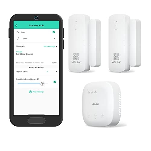 Kit de inicio inteligente para el hogar YoLink SpeakerHub & dos sensores de puerta: Audio Hub reproduce tonos/mensajes, alcance de ¼ de milla con tecnología LoRa, compatible con Alexa, Google, IFTTT,