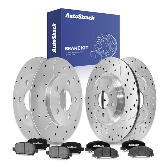 AutoShack Front & Rear Drilled Slotted Brake Rotors Ceramic Brake Pads | Replacement for 2012-2013 Chevrolet Impala 2014-2016 Impala Limited | Silver Zinc Coated | 12-PC Brake Kit | SilverShield Pro