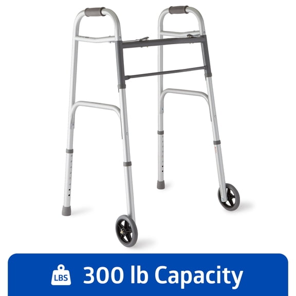 Medline Lightweight Folding Walker for Seniors with 5-Inch Wheels, Steel, Silver, 300-lb Weight Capacity