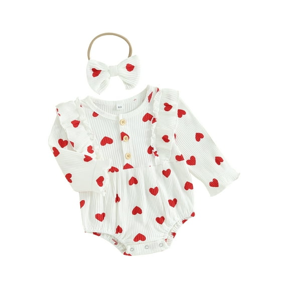 FEORJGP Infant Girls Valentine's Day Outfits Kids Autumn Ruffle Romper Newborn Baby Long Sleeve Bodysuit Heart Print Button Romper Crew Neck Jumpsuit with Headband