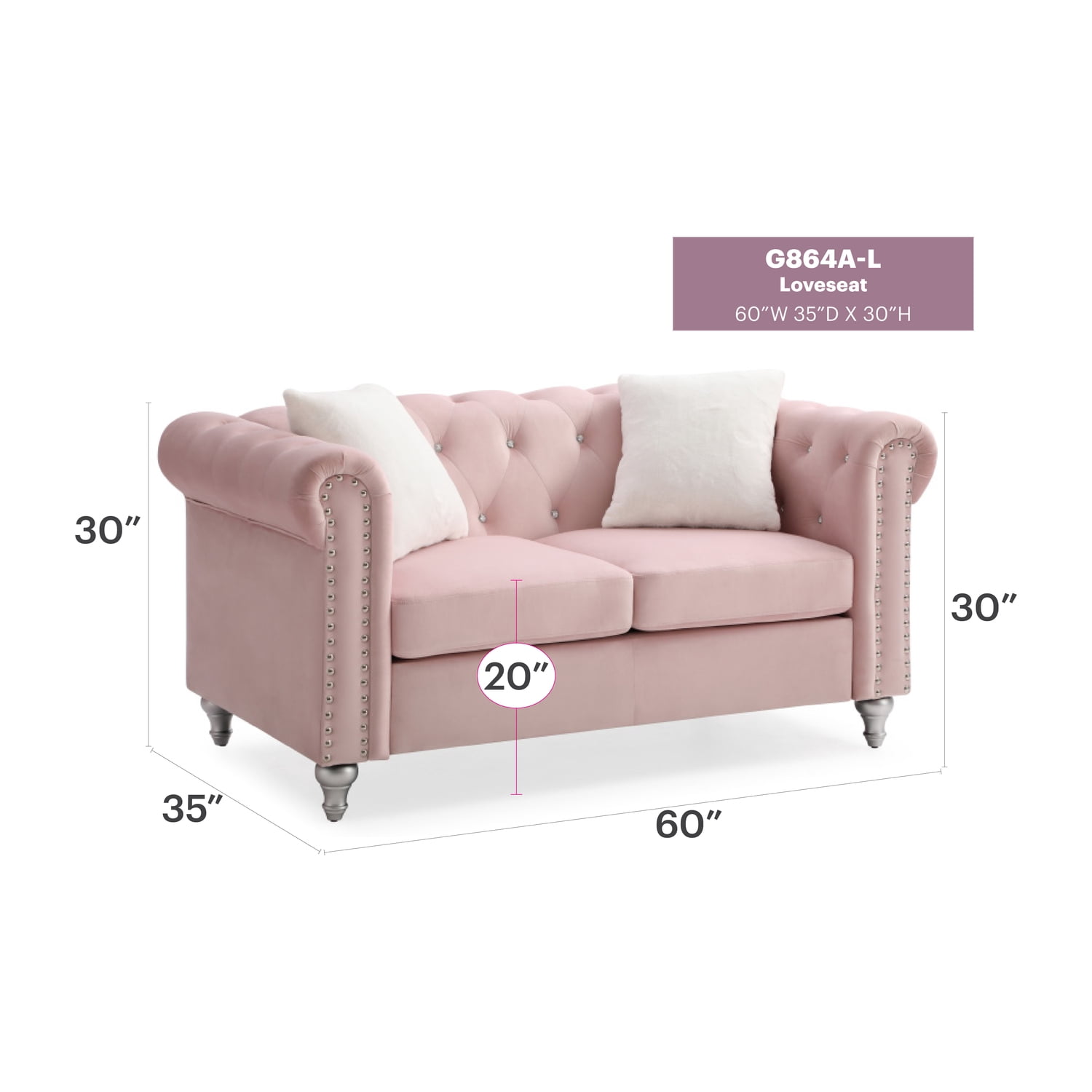 Glory Furniture Raisa Velvet Loveseat in Pink